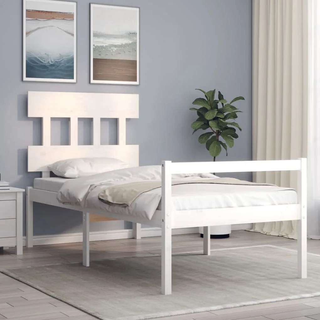 3195377 vidaXL Cadru de pat senior cu tăblie single mic, alb, lemn masiv