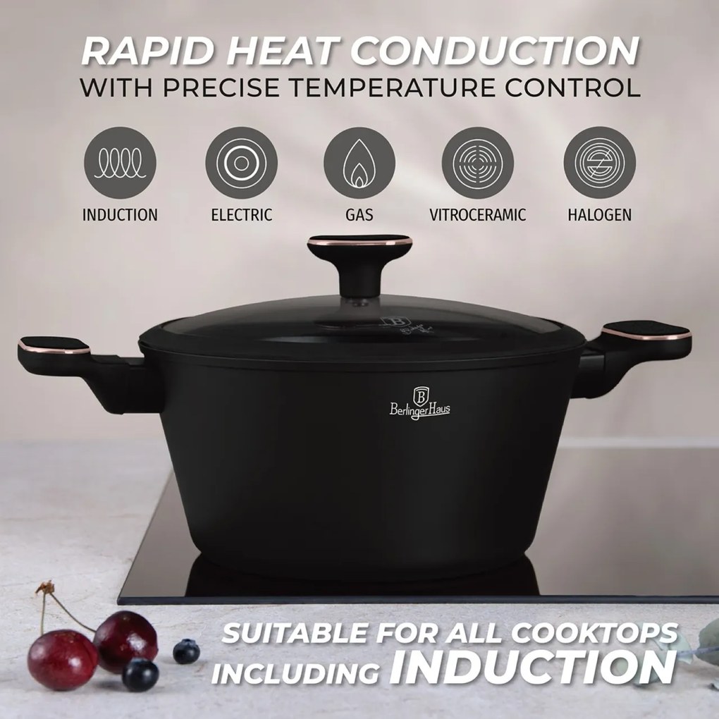 Set oale si tigai 15 piese Black Rose Berlinger Haus BH 8363, negre, înveliș antiaderent titan, compatibile inducție