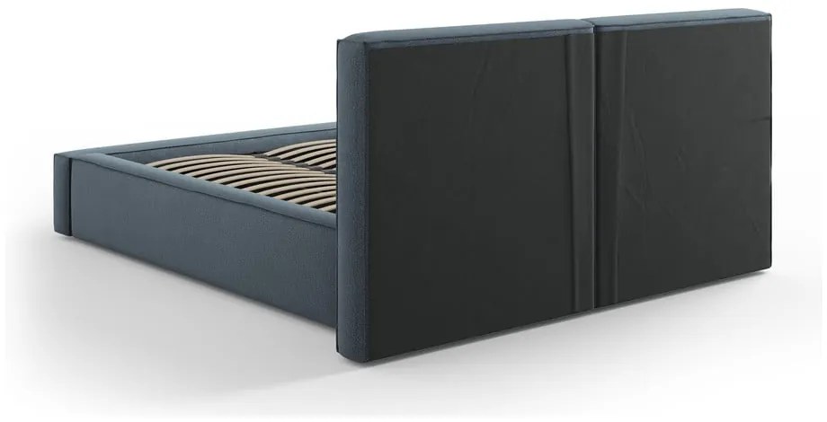 Pat matrimonial albastru închis tapițat cu spațiu de depozitare și somieră 200x200 cm Arendal – Cosmopolitan Design