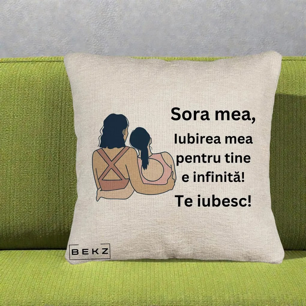 Cadou pentru Sora - Perna Personalizata Sora Mea Te Iubesc Doua Fete Fashioniste Line Art, 40x40 cm, Bej Canapea, Husa Detasabila, Perna Inclusa, BEKZ®