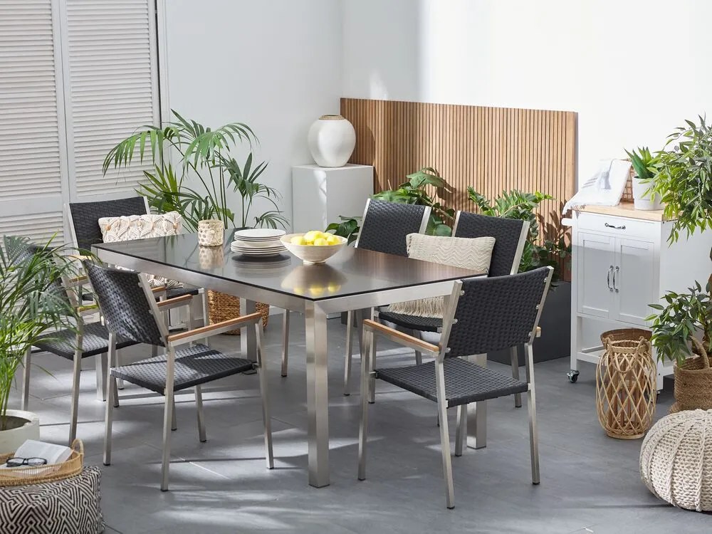 Set de masă pentru grădină Grosso (negru) (blat din sticlă 180x90 cm) (scaune din ratan) (sticlă). 1011749