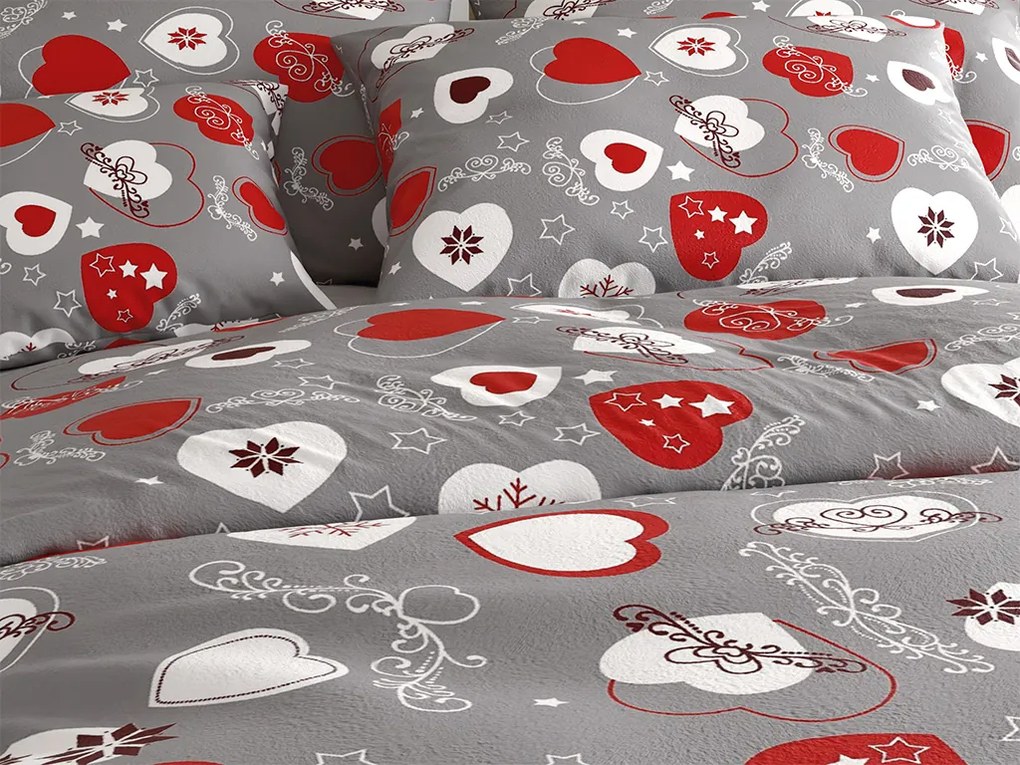 Set lenjerie cocolino CHRISTMAS HEART gri + cearsaf Cocolino microplus cu elastic SOFT 90x200 cm alb, pat simplu