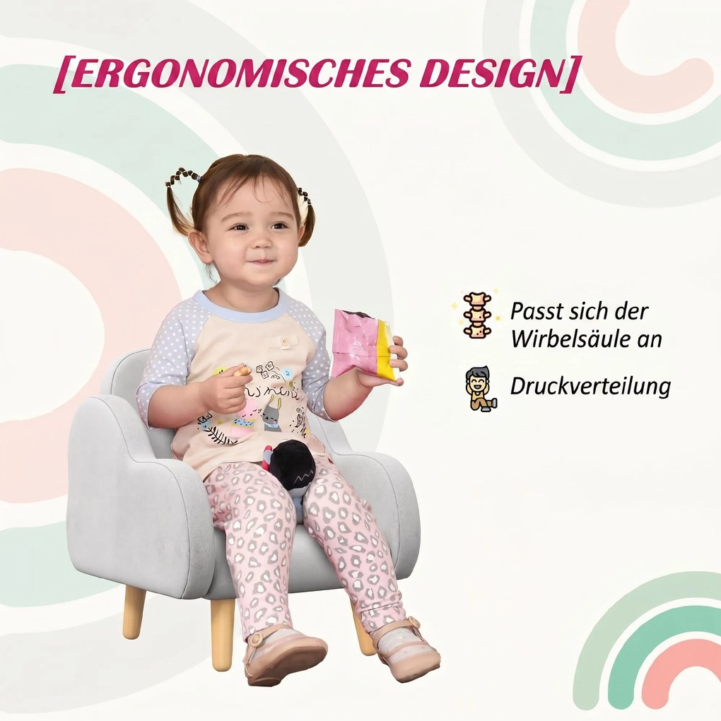 ZONEKIZ Fotoliu pentru Copii în Stil Scandinav cu Cotiere, Fotoliu din Material Textil pentru Copii până la 3 ani, 46x51x55 cm, Gri | Aosom Romania