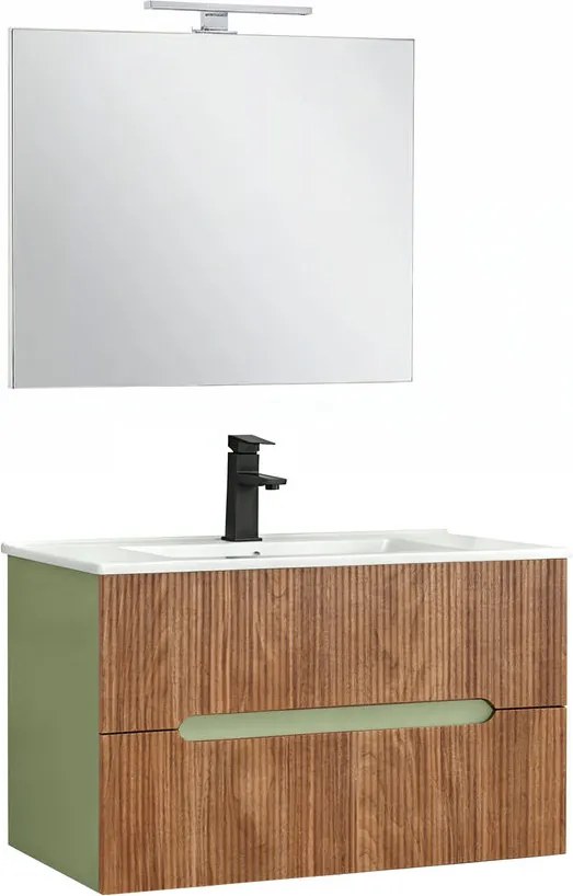 Trent Mobilier de baie 80 cm chiuvetă ceramică (2 sertare) cu oglindă 60x80 cm verde fistic - stejar apus de soare