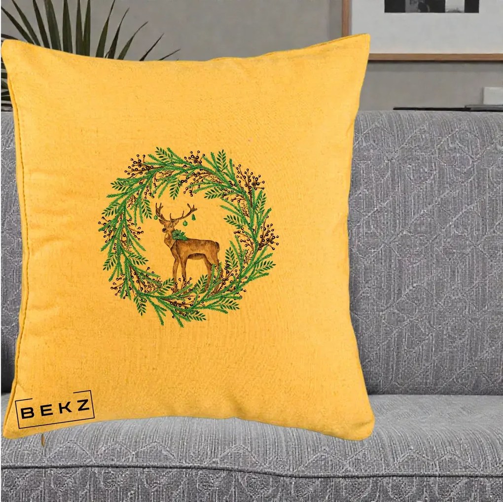 Perna Decorativa Coroana Turcoaz cu Ren, 40x40 cm, Galben, Husa Detasabila, Perna Inclusa, BEKZ®