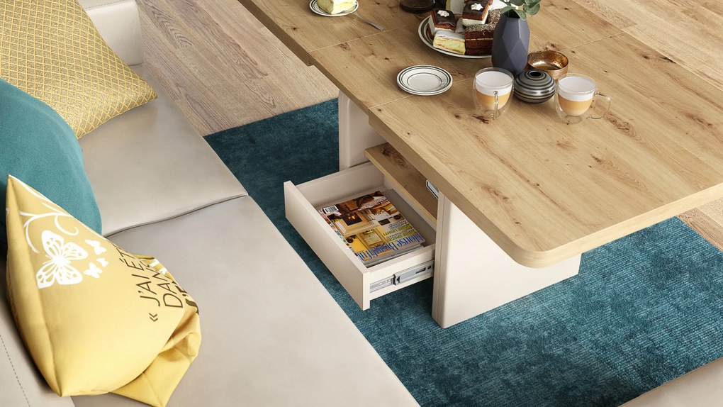 Mazzoni LEXUS Stejar Artisan/Bej (Șampanie) - MĂSUȚĂ DE CAFEA EXTENSIBILĂ MODERNĂ