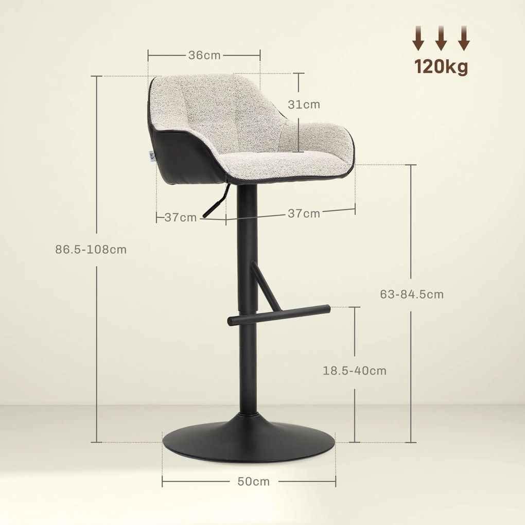 HOMCOM Set 2 Scaune de Bar cu Spătar, Tetiară și Brațe și Bază Antiderapantă, 52,5x53x86,5-108 cm, Gri Deschis | Aosom Romania