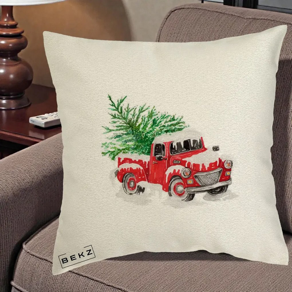 Perna Decorativa Camioneta Rosie Brad de Craciun, 40x40 cm, Ecru, Husa Detasabila, Perna Inclusa, BEKZ®