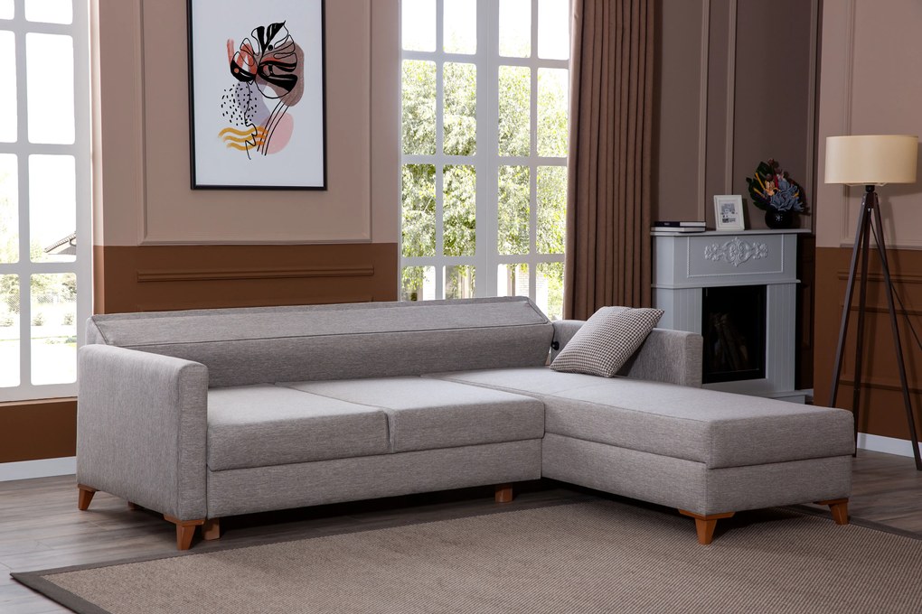 Coltar gri sunrise cu picioare din lemn (230/180/85cm)