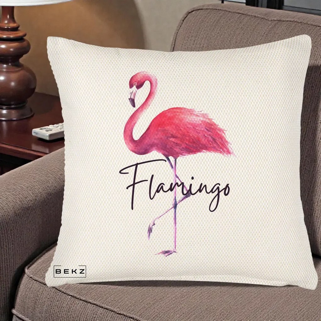 Perna Decorativa Flamingo Acuarela, 40x40 cm, Crem Reliefat, Husa Detasabila, Perna Inclusa, BEKZ®