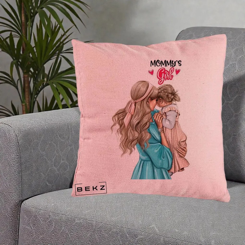 Cadou pentru Mama - Perna Personalizata Mommy's Girl Mama si Fetita, 40x40 cm, Roz, Husa Detasabila, Perna Inclusa, BEKZ®