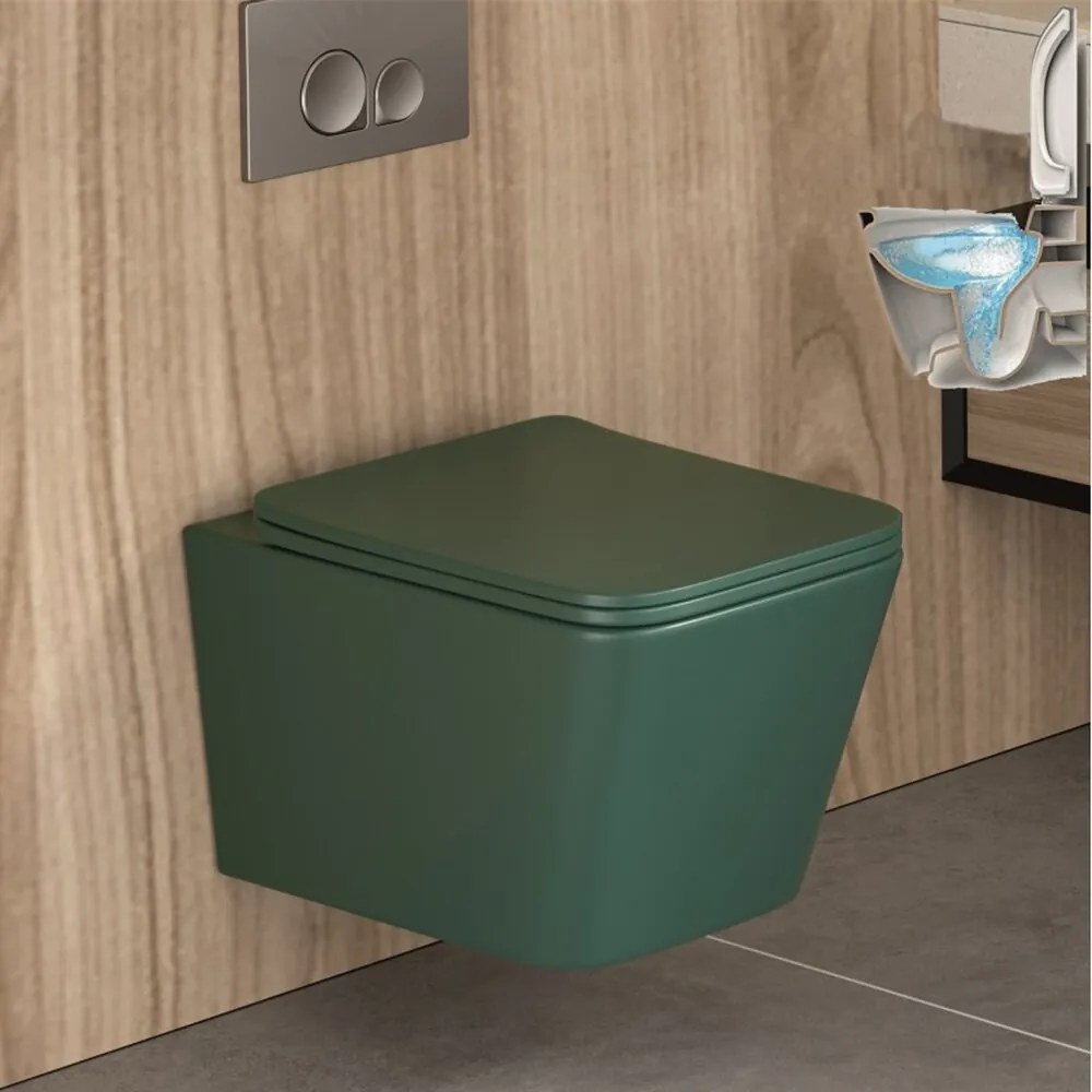 Set vas WC suspendat Inter Ceramic Rimless verde albastrui inchis mat cu capac softclose