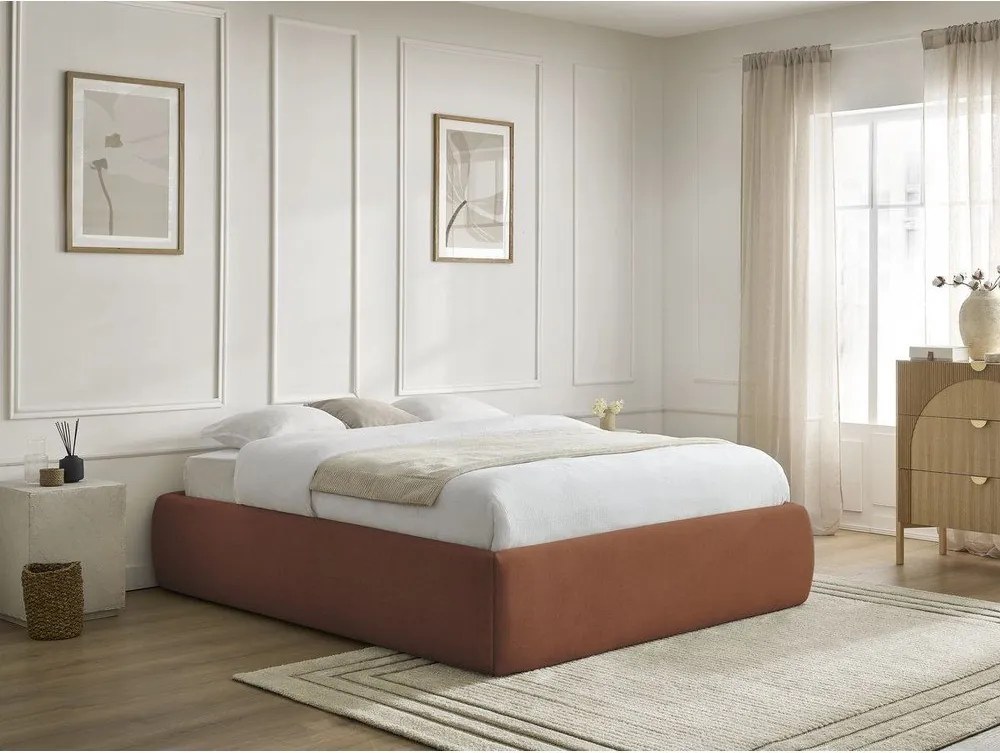 Pat matrimonial portocaliu tapițat cu spațiu de depozitare/fără tăblie cu somieră 160x200 cm Inera – Bobochic Paris