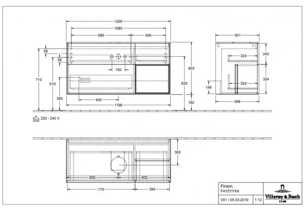 Dulap baza suspendat, Villeroy&Boch Finion, 120x60.3x50.1cm, lavoar central, Silk Grey Matt Lacquer, raft Glossy White Lacquer
