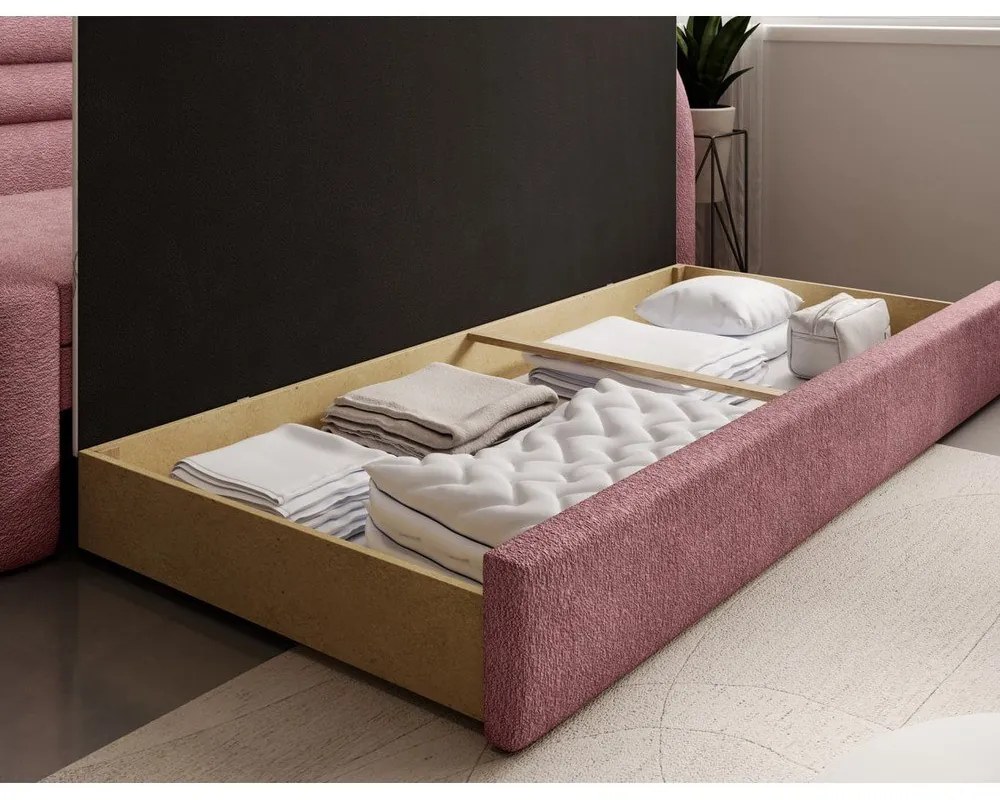 Canapea roz extensibilă/cu spațiu de depozitare cu tapițerie din chenille cu colț pe partea dreaptă 223 cm Fabillo – ELTAP