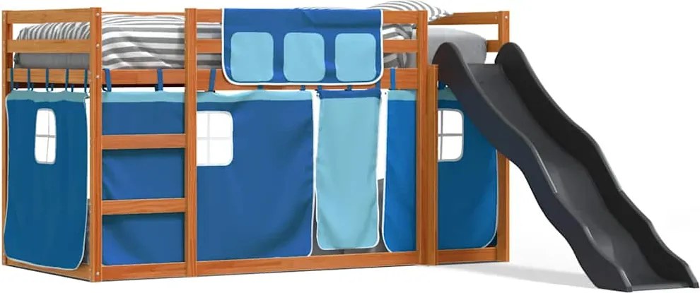 vidaXL Pat supraetajat cu tobogan și perdele, albastru, 90x200 cm