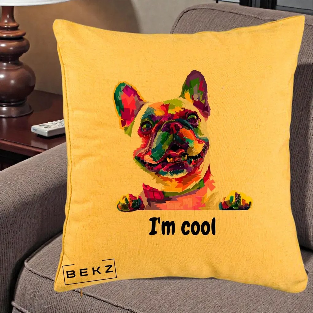 Perna Personalizata Bulldog Francez I'm Cool, 40x40 cm, Galben, Husa Detasabila, Perna Inclusa, BEKZ®