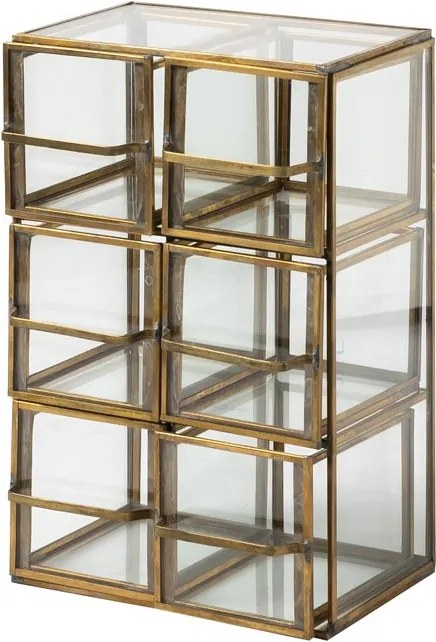 Dulăpior din sticlă și metal, auriu, organizator cu 6 compartimente glisante cu rame aurii și bare de prindere, 28 x 18,5 x 14 cm, „Tiny”