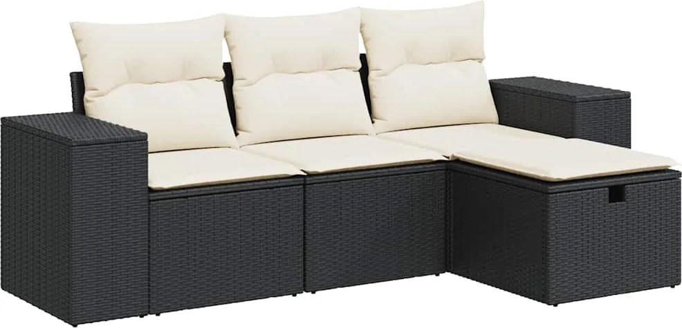 vidaXL Set mobilier de grădină cu perne, 4 piese, negru, poliratan