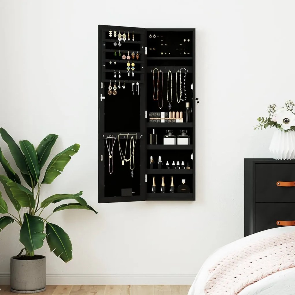 vidaXL Dulap de bijuterii cu oglindă și lumini LED, de perete, negru