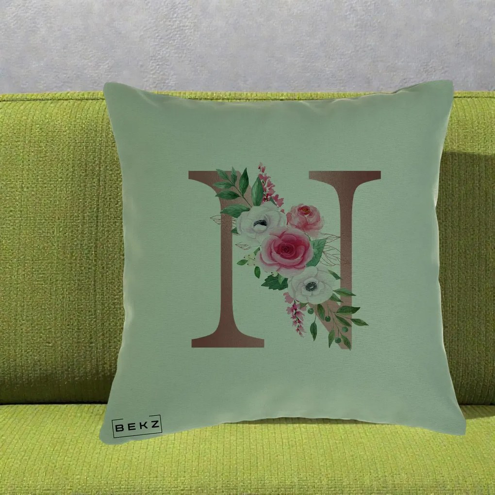Cadou Personalizat - Perna Personalizata Monograma Rose Gold Litera N, 40x40 cm, Verde, Husa Detasabila, Perna Inclusa, BEKZ®