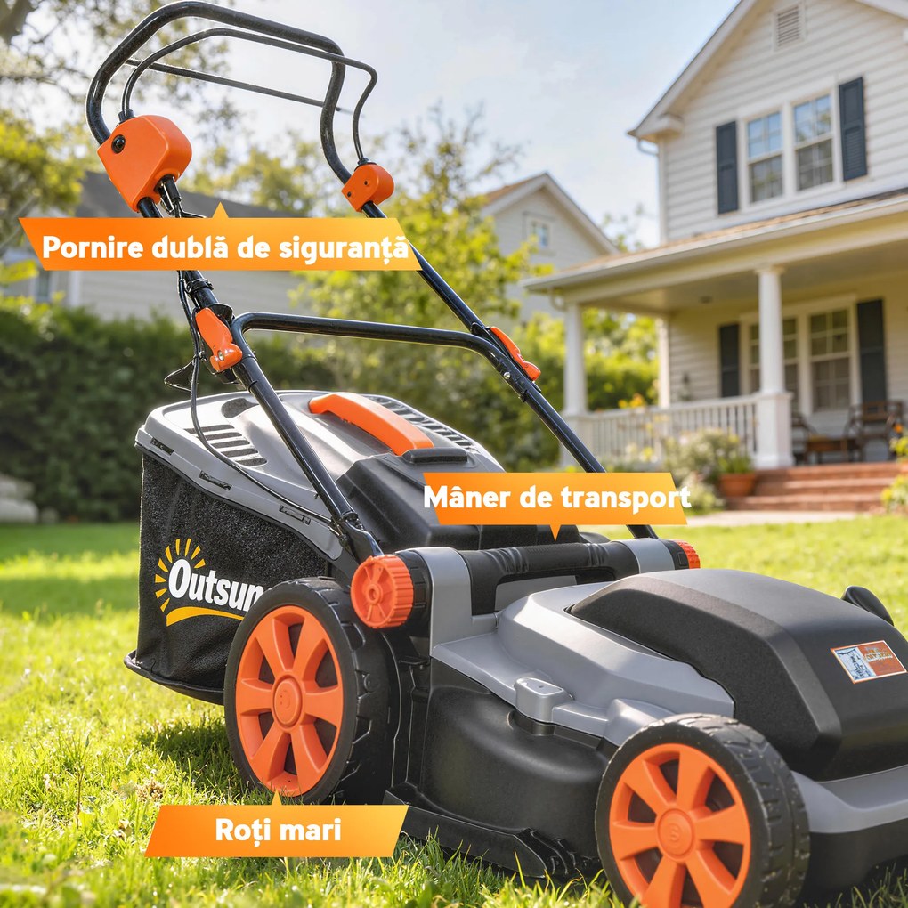 Outsunny Mașină de Tuns Iarba Electrică 1800W cu Lățime de Tăiere de 40cm, Funcție Mulching și Sac de 50L, Mâner Reglabil și Detașabil, 6 Niveluri de Tăiere, Gri Deschis | Aosom Romania