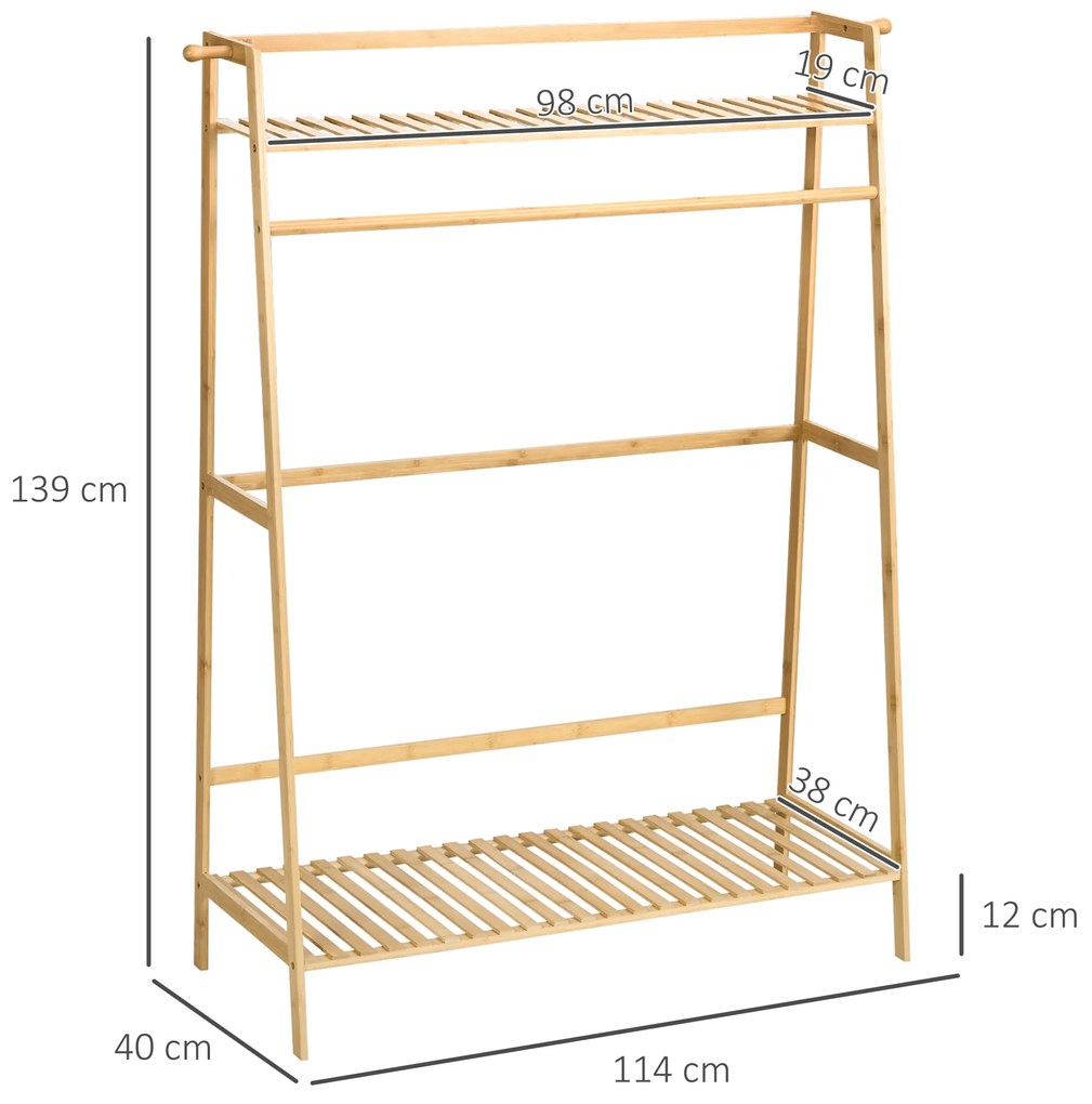 HOMCOM Cuier din Bambus pe 2 Nivele cu Bară și 2 Cârlige, Design Modern, pentru Hol, 114x40x139 cm, Lemn Natur | Aosom Romania