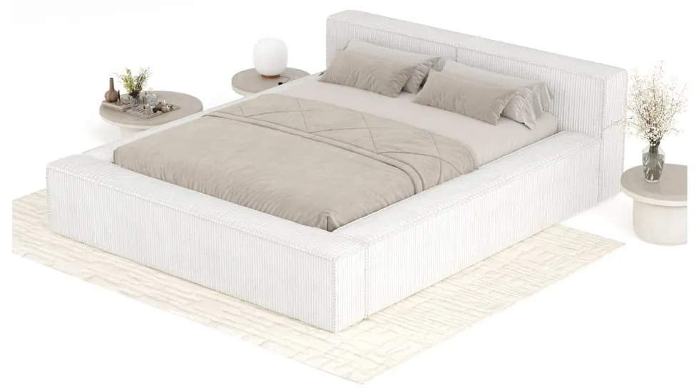 Pat matrimonial crem tapițat cu spațiu de depozitare cu somieră 180x200 cm Voliera – Maison de Rêve