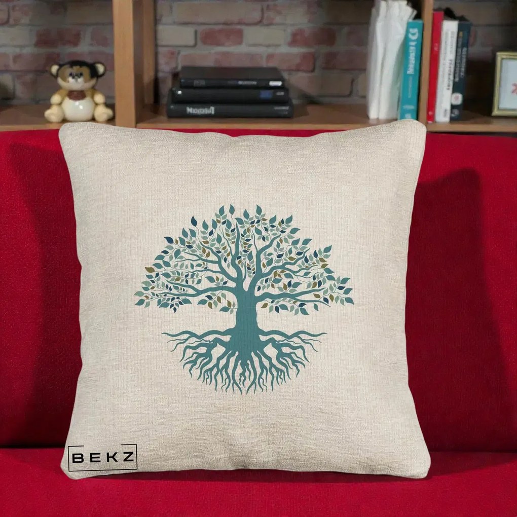 Perna Decorativa Copacul Vietii Teal cu Radacini, 40x40 cm, Bej Canapea, Husa Detasabila, Perna Inclusa, BEKZ®