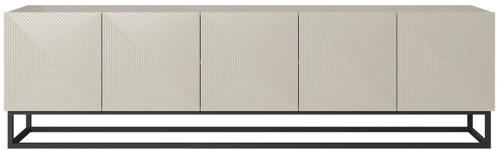Comodă TV Asha 200 cm cu partea frontală striat și cadru metalic negru – bej cashmere