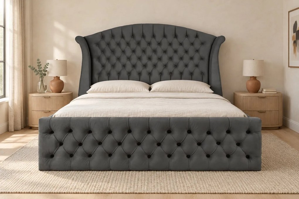 Pat tapițat Chesterfield din catifea Sorella Simple 160×200 cm, gri închis, cu ladă de depozitare