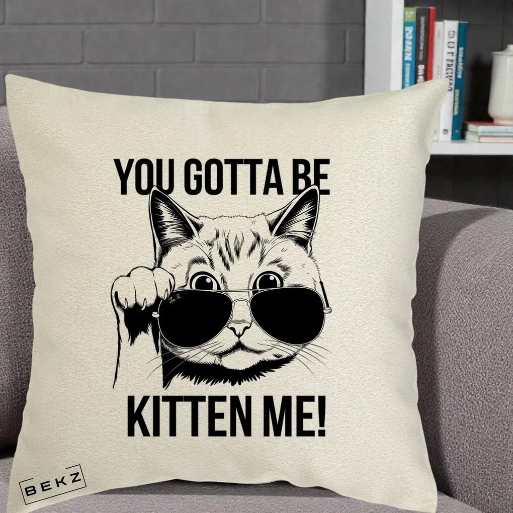 Perna Decorativa You Gotta Be Kitten Me!, 40x40 cm, Ecru, Husa Detasabila, Perna Inclusa, BEKZ®