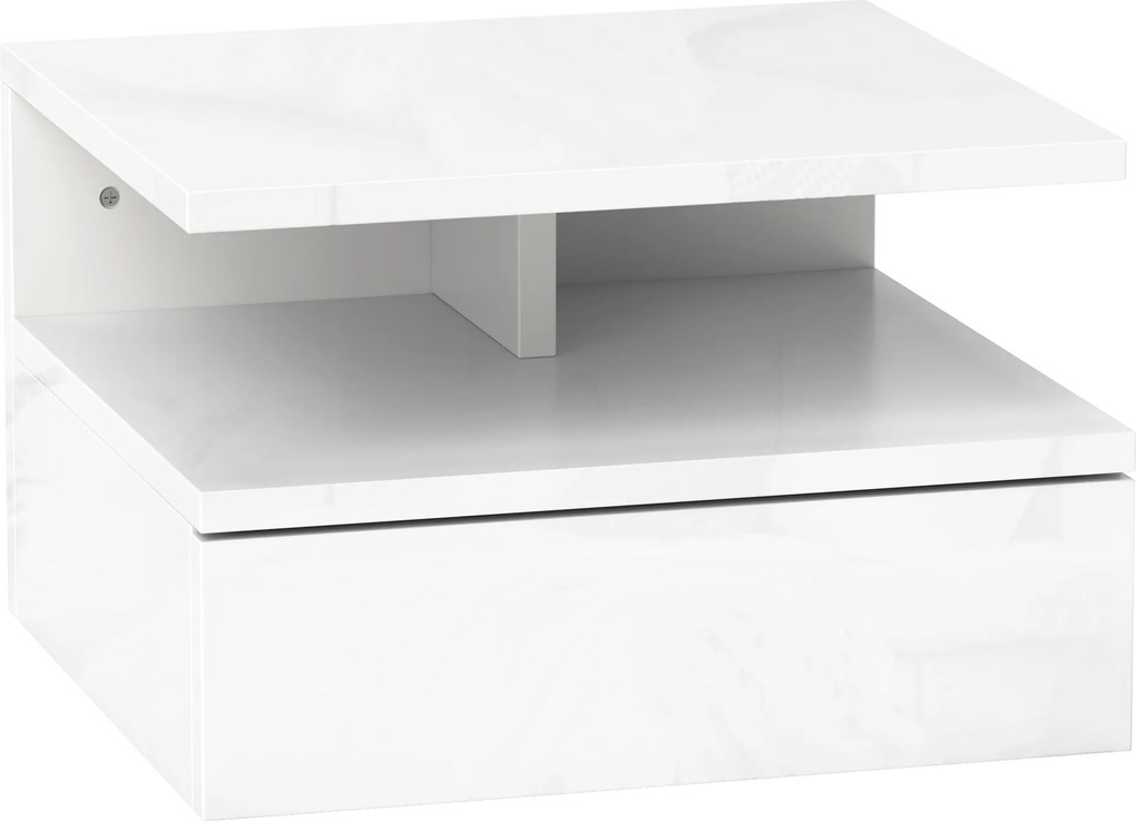 HOMCOM Set de 2 Noptiere Suspendate cu Sertar și Raft Superior din Lemn, 35x32x22.5 cm, Alb Lucios | Aosom Romania