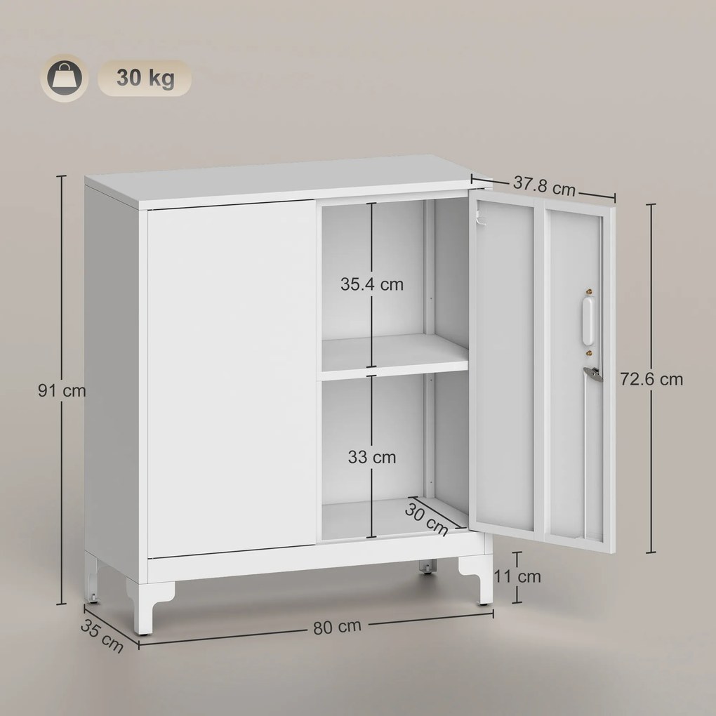 HOMCOM Dulap de birou din metal, uși cu închidere, comodă de birou, design în 2 nivele, Alb | Aosom Romania