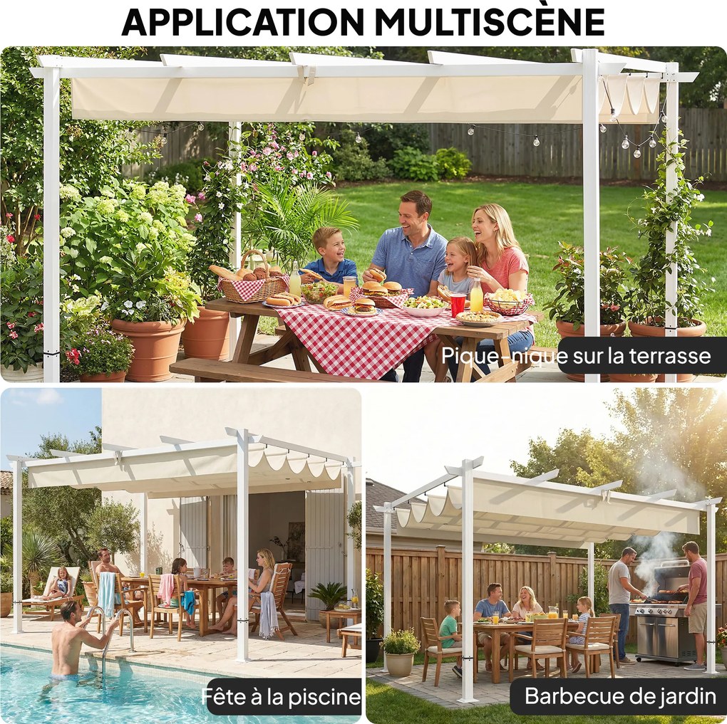 Outsunny Pergolă de grădină cu acoperiș retractabil, foișor autoportant, bej | Aosom Romania