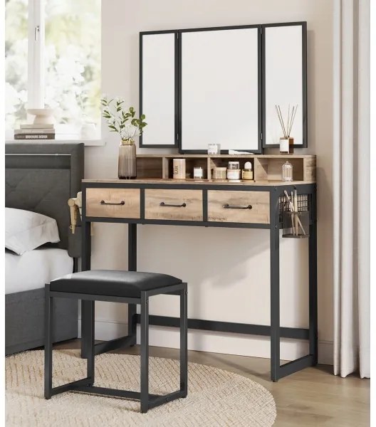 Masă de toaletă cu taburet FLORA, 28,6x42 cm, maro/negru