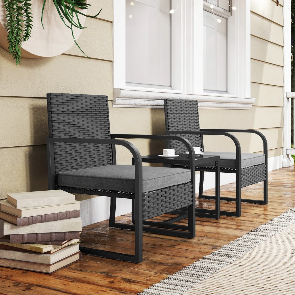 Outsunny Set de Grădină 3 Piese din Rattan PE și Oțel, Set cu 2 Fotolii cu Perne Lavabile și Măsuță de Cafea cu Blat din Sticlă, Set de Mobilier pentru Balcon, Terasă sau Curte, Gri Închis și Negru | Aosom Romania