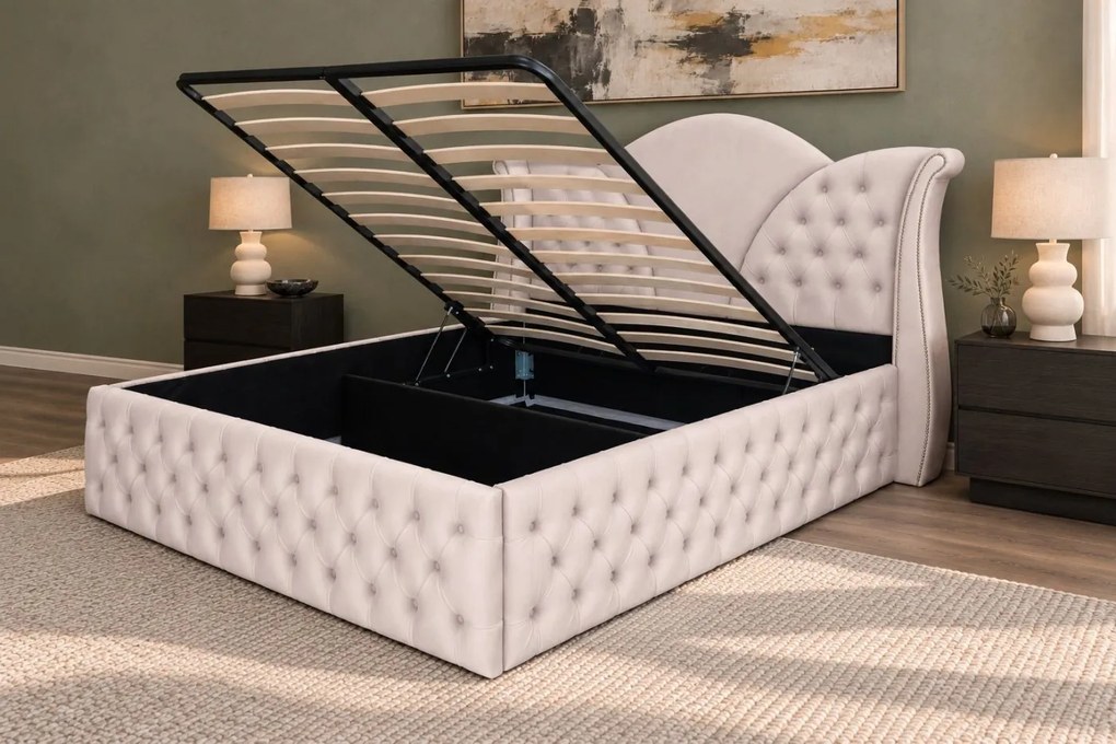 Pat tapițat Chesterfield din catifea Velora Deluxe Classic 140×200 cm, crem, cu ladă de depozitare