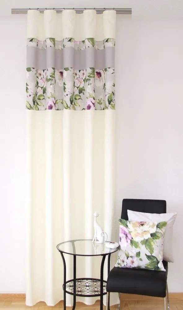 Draperie modernă culoarea crem pentru living cu un model floral Lăţime: 140 cm | Lungime: 250 cm (într-un set de 1 bucată)