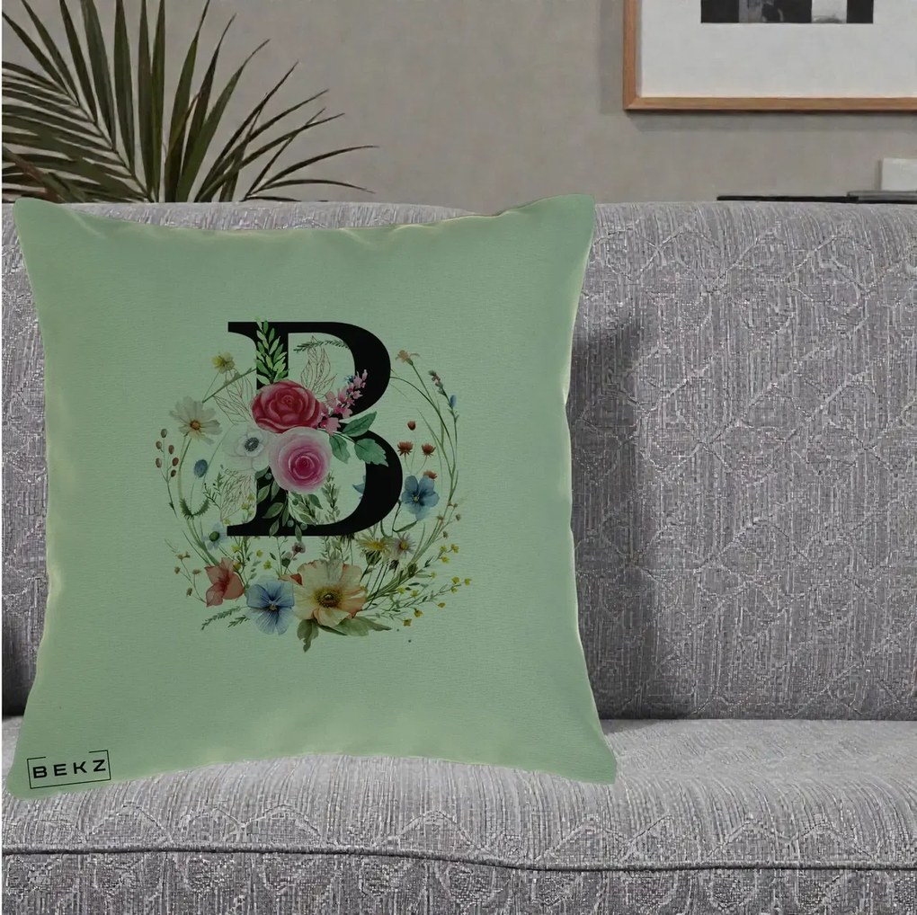 Cadou Personalizat - Perna Personalizata Monogram Litera B cu Flori Acuarela, 40x40 cm, Verde, Husa Detasabila, Perna Inclusa, BEKZ®