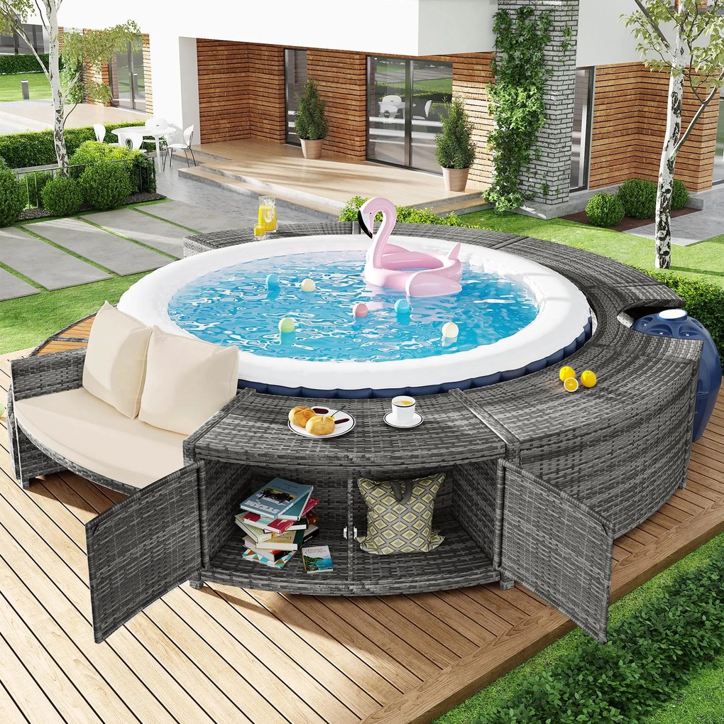 Set de lounge pentru grădină cu canapea rotundă, picioare ajustabile, include perne, pentru jacuzzi și piscină, Gri