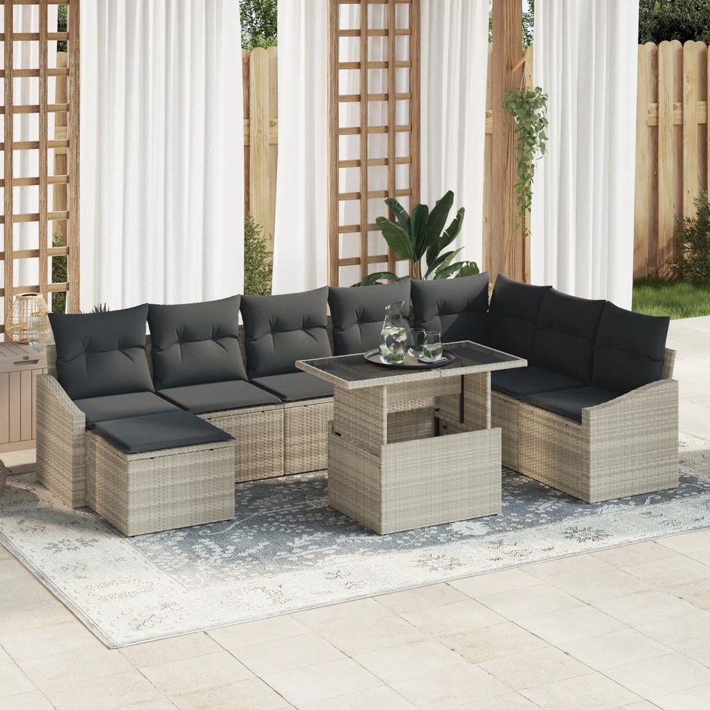 vidaXL Set canapele grădină , 9 piese, cu perne, gri deschis, rattan polimeric