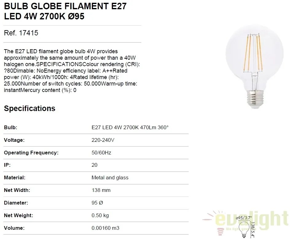 Bec LED decorativ Globe FILAMENT E27 4W 2700K 17415