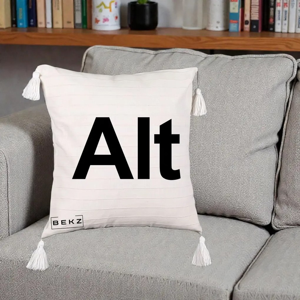 Perna Personalizata Tasta Alt Tipografie Bold, 40x40 cm, Bej cu Franjuri, Husa Detasabila, Perna Inclusa, BEKZ®