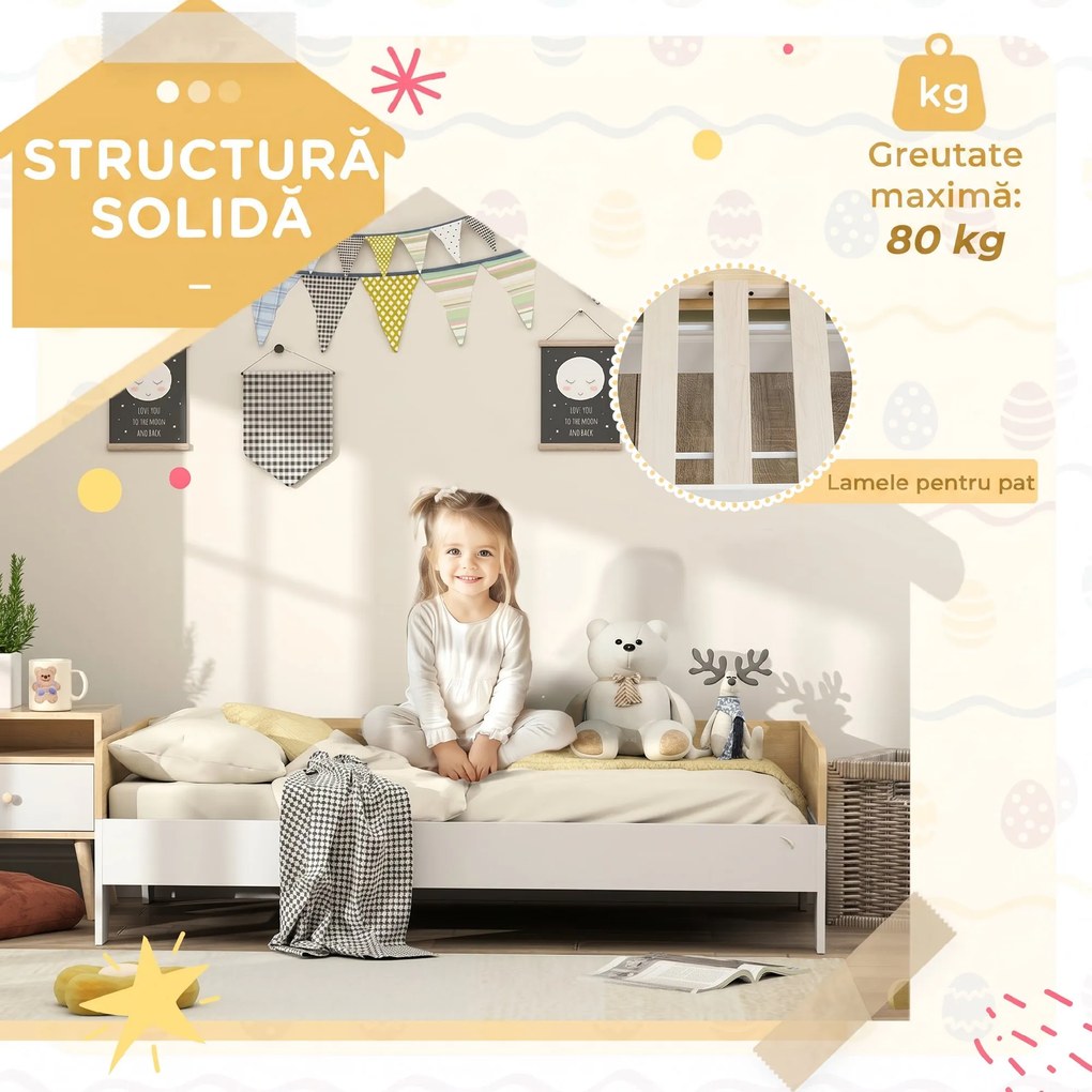 AIYAPLAY Pat pentru Copii 3-8 Ani, 143,5x74 cm, cu Panouri Laterale Înalte, Profil Jos, Alb | Aosom Romania