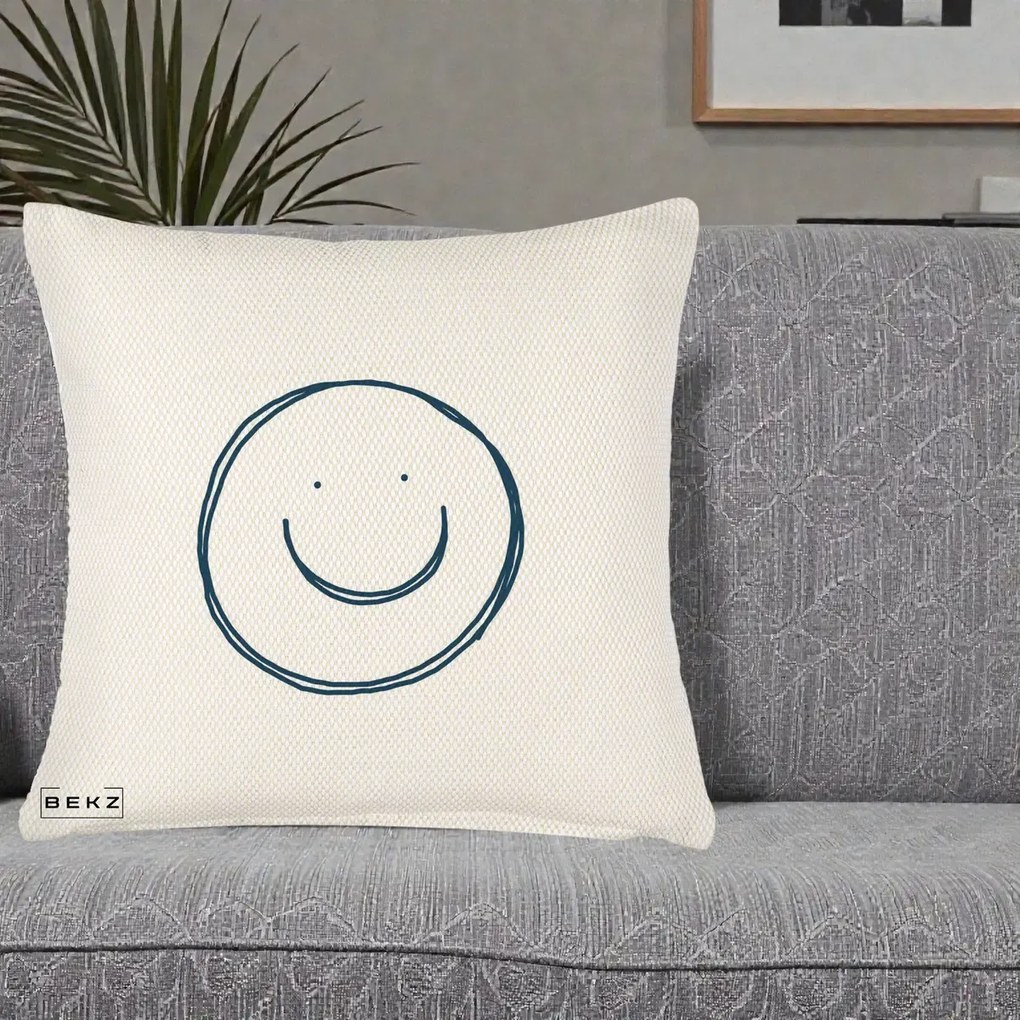 Perna Decorativa Smile Desen Minimalist, 40x40 cm, Crem Reliefat, Husa Detasabila, Perna Inclusa, BEKZ®