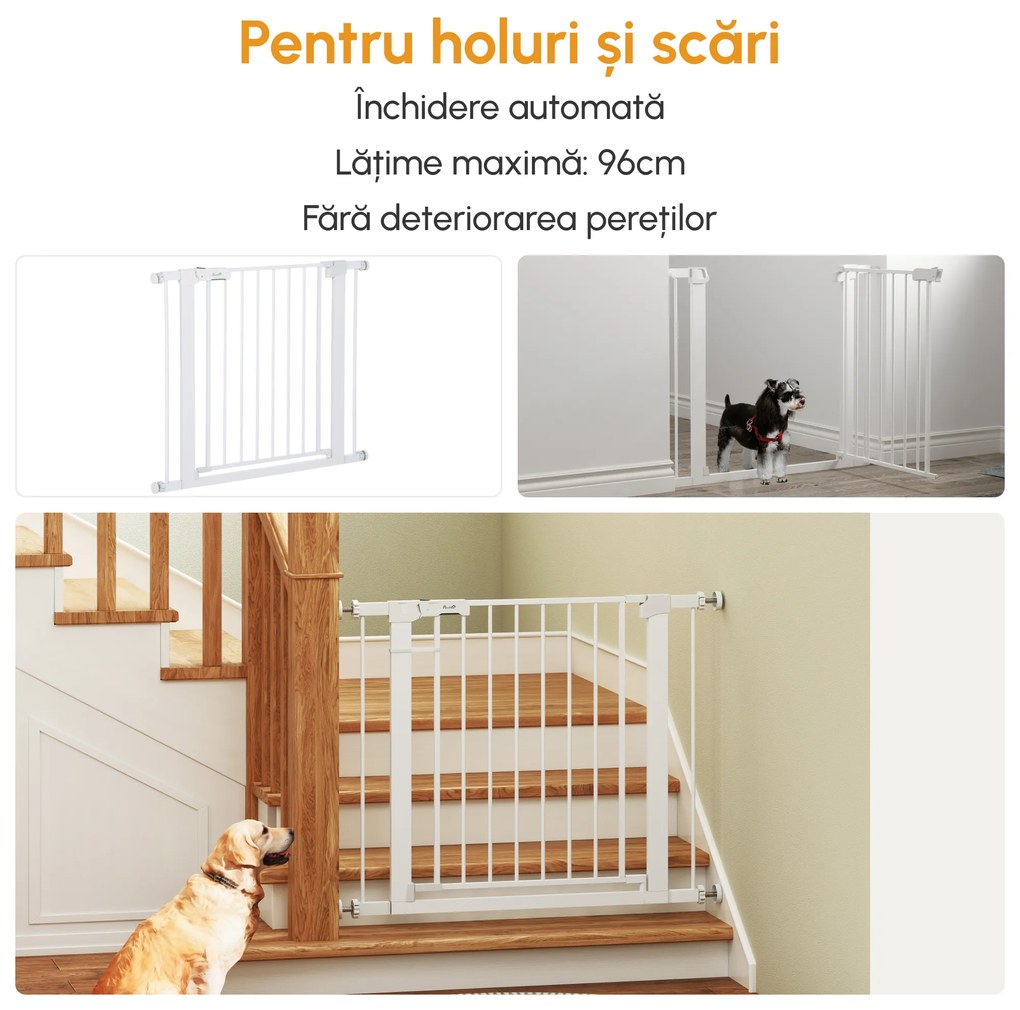 Poarta de siguranta pentru caini PawHut, 75-96cm, alb | Aosom Romania