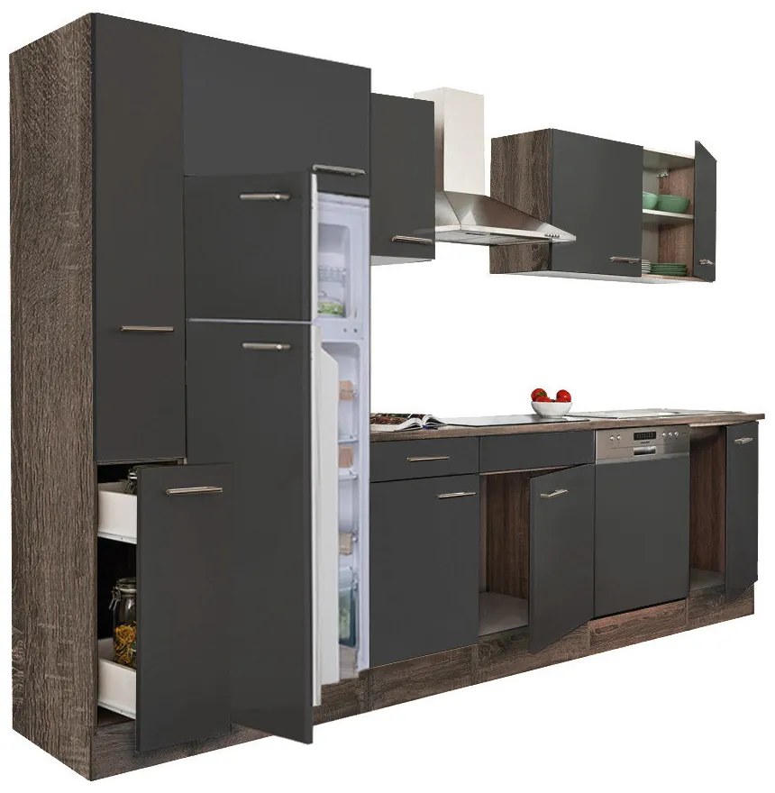 Mobilă de bucătărie Yorki 310, corp din stejar Yorki, față antracit satinat, frigider cu congelator superior