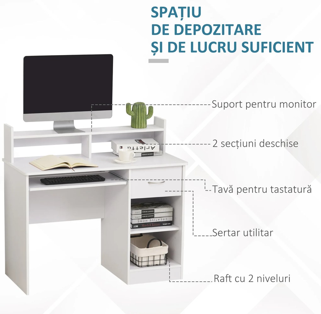 HOMCOM Birou Modern pentru Calculator Spațiu de Lucru Optimizat 104x48x95.5 cm Design Elegant în Alb | Aosom Romania
