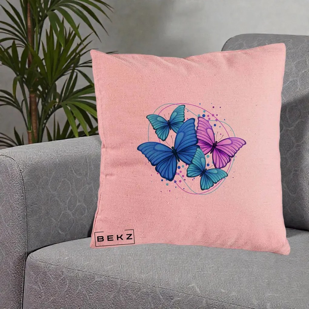 Perna Decorativa Patru Fluturi Turcoaz-Violet, 40x40 cm, Roz, Husa Detasabila, Perna Inclusa, BEKZ®